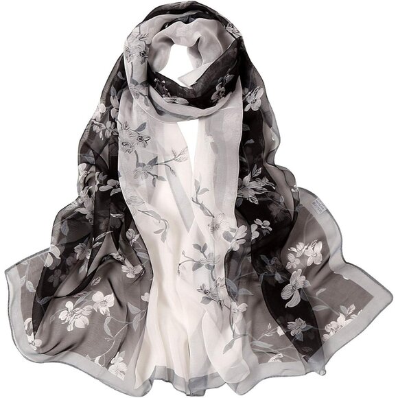 Women's Black+white Fashion Lightweight Head Scarf Floral Print Chiffon Scarves - Picture 1 of 7